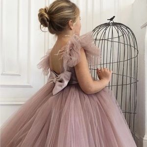 Custom Made Flower Girl Dresses, Dusty Rose, Floor Length, Tulle, Feathe…